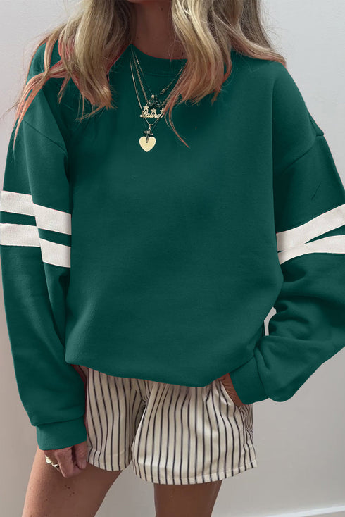 Relaxed Fit Varsity Stripe Crew Neck Pullover Sweatshirt