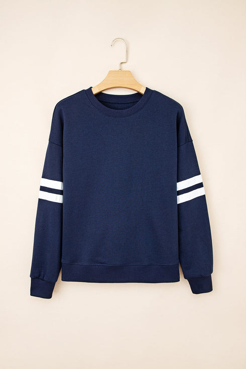 Relaxed Fit Varsity Stripe Crew Neck Pullover Sweatshirt