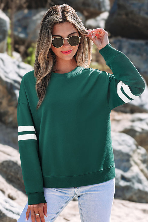 Relaxed Fit Varsity Stripe Crew Neck Pullover Sweatshirt