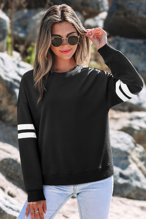 Relaxed Fit Varsity Stripe Crew Neck Pullover Sweatshirt