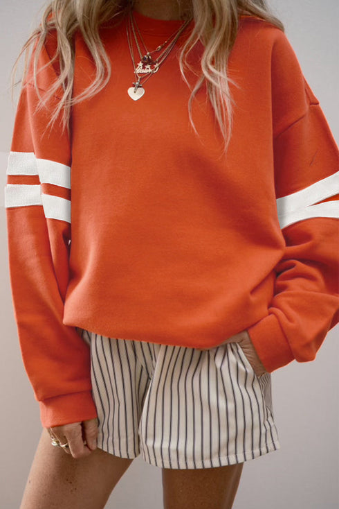 Relaxed Fit Varsity Stripe Crew Neck Pullover Sweatshirt