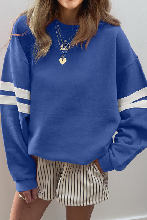 Relaxed Fit Varsity Stripe Crew Neck Pullover Sweatshirt