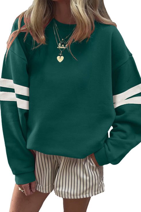 Relaxed Fit Varsity Stripe Crew Neck Pullover Sweatshirt