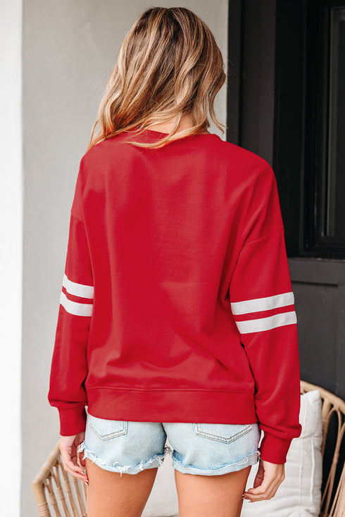Relaxed Fit Varsity Stripe Crew Neck Pullover Sweatshirt