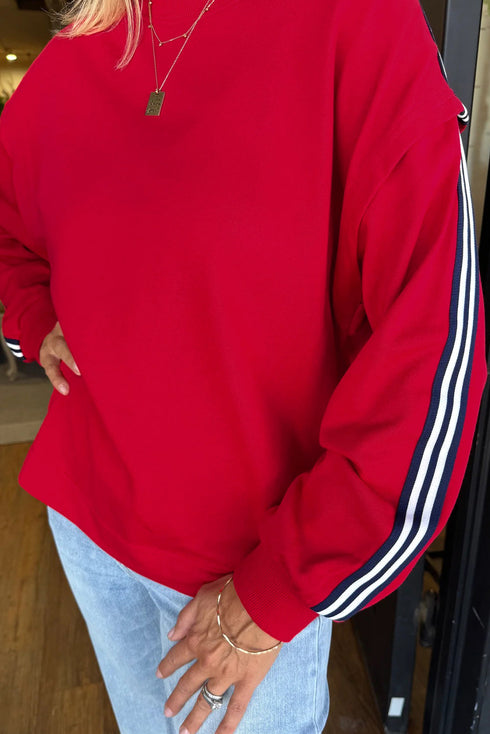 Relaxed Fit Varsity Stripe Sleeve Pullover Sweatshirt