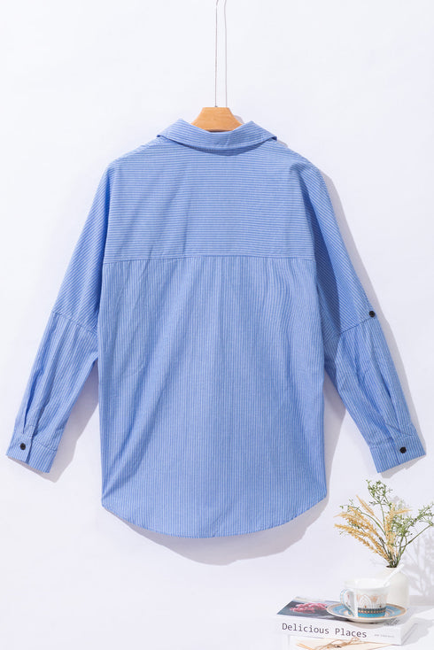 Relaxed Fit Vertical Stripe Button Down Long Shirt