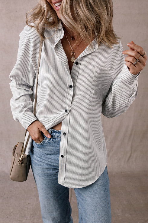 Relaxed Fit Vertical Stripe Button Down Long Shirt