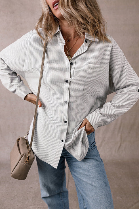 Relaxed Fit Vertical Stripe Button Down Long Shirt