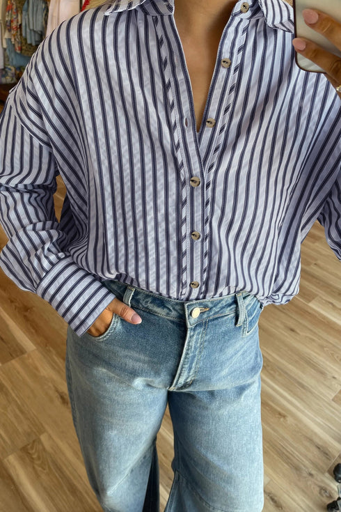 Relaxed Fit Vertical Stripe Button Down Shirt