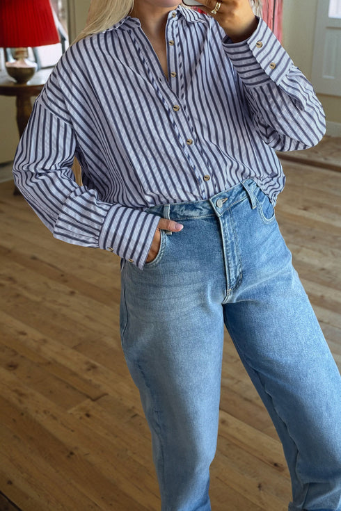 Relaxed Fit Vertical Stripe Button Down Shirt