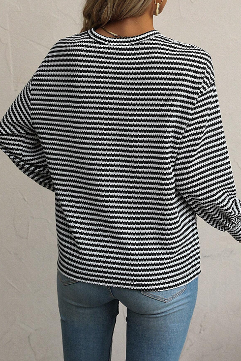 Relaxed Fit Waffle Knit Stripe Drop Shoulder Top