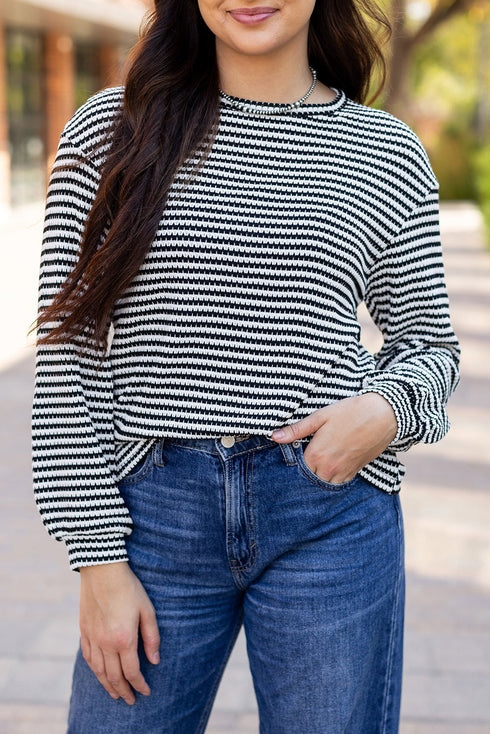 Relaxed Fit Waffle Knit Stripe Drop Shoulder Top