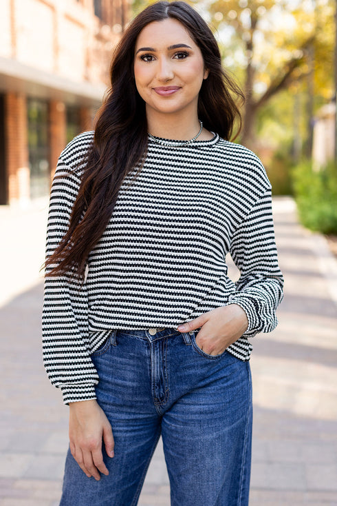 Relaxed Fit Waffle Knit Stripe Drop Shoulder Top