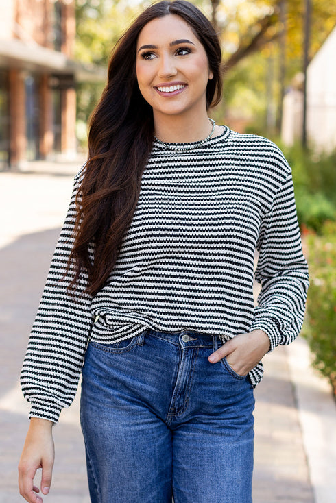 Relaxed Fit Waffle Knit Stripe Drop Shoulder Top