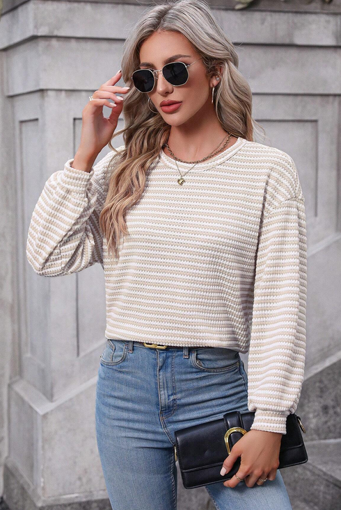 Relaxed Fit Waffle Knit Stripe Drop Shoulder Top