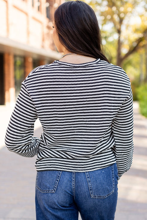 Relaxed Fit Waffle Knit Stripe Drop Shoulder Top