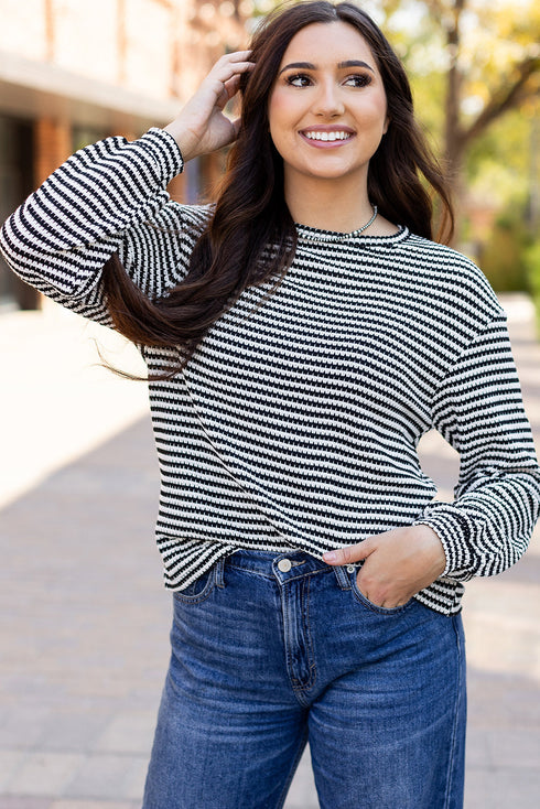 Relaxed Fit Waffle Knit Stripe Drop Shoulder Top