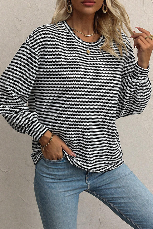 Relaxed Fit Waffle Knit Stripe Drop Shoulder Top