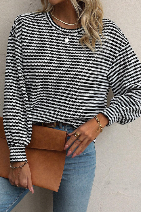 Relaxed Fit Waffle Knit Stripe Drop Shoulder Top