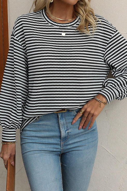 Relaxed Fit Waffle Knit Stripe Drop Shoulder Top