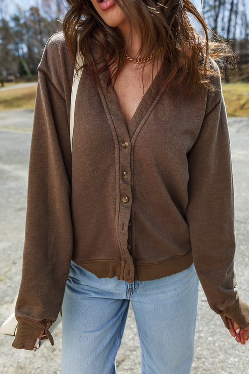 Relaxed Fit Washed Fleece Button Front Cardigan