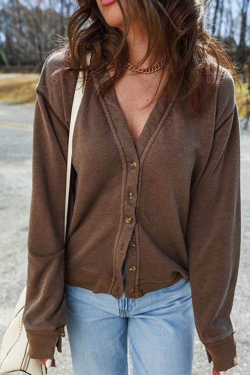 Relaxed Fit Washed Fleece Button Front Cardigan