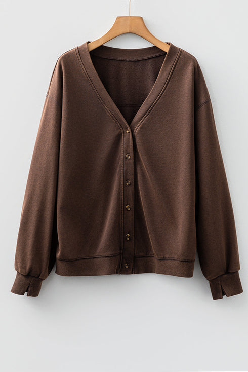 Relaxed Fit Washed Fleece Button Front Cardigan