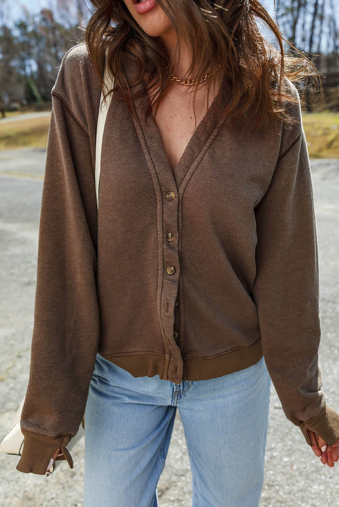 Relaxed Fit Washed Fleece Button Front Cardigan