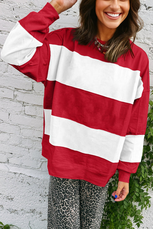 Relaxed Fit Wide Horizontal Stripe Crew Neck Pullover Sweatshirt