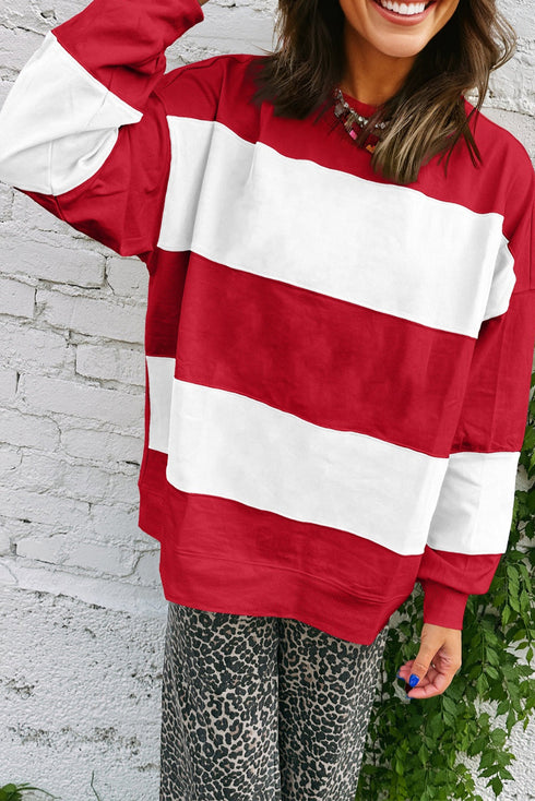 Relaxed Fit Wide Horizontal Stripe Crew Neck Pullover Sweatshirt