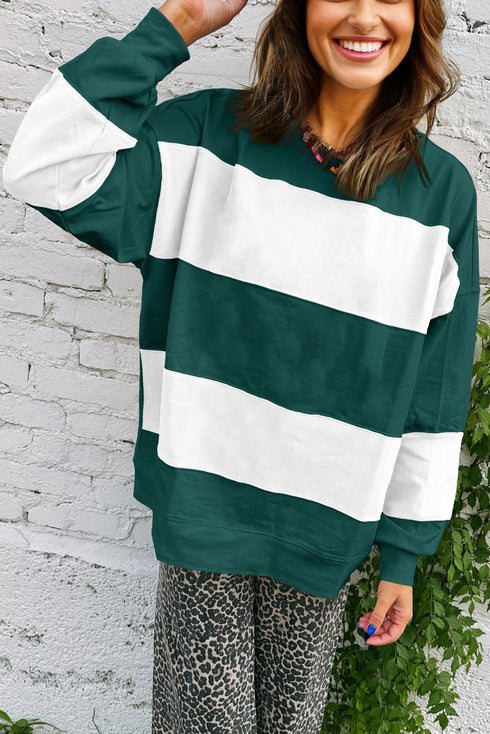 Relaxed Fit Wide Horizontal Stripe Crew Neck Pullover Sweatshirt