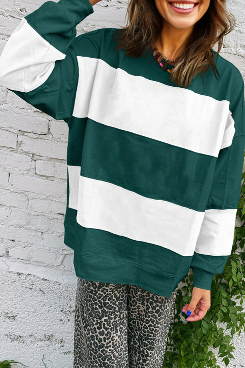 Relaxed Fit Wide Horizontal Stripe Crew Neck Pullover Sweatshirt