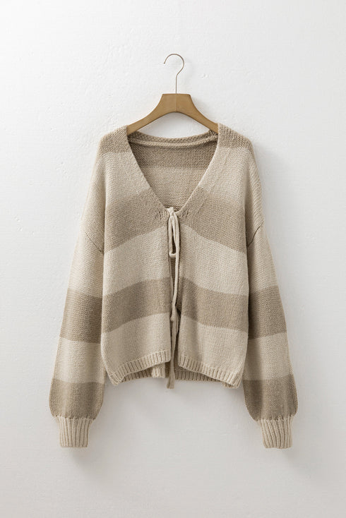 Relaxed Fit Wide Stripe Tie Front Knit Cardigan