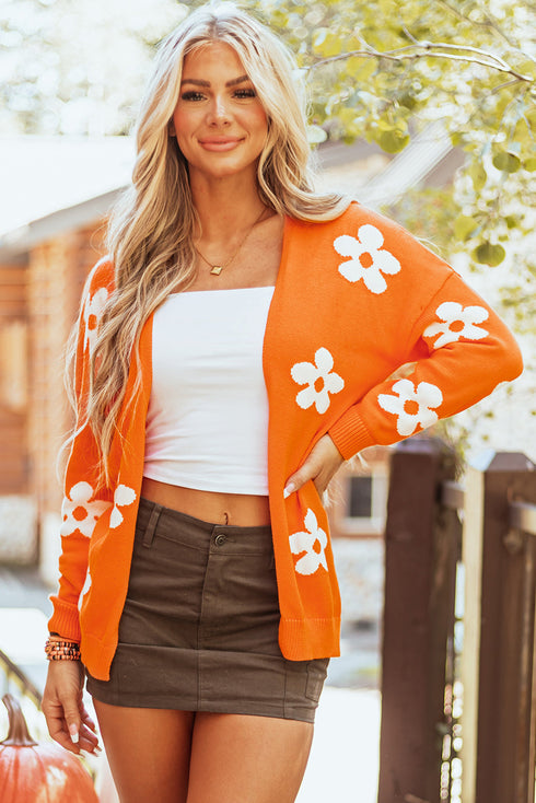 Relaxed Floral Pattern Open Front Knit Cardigan