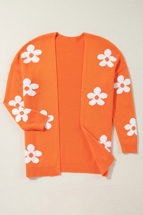 Relaxed Floral Pattern Open Front Knit Cardigan