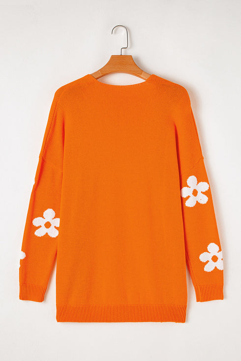 Relaxed Floral Pattern Open Front Knit Cardigan