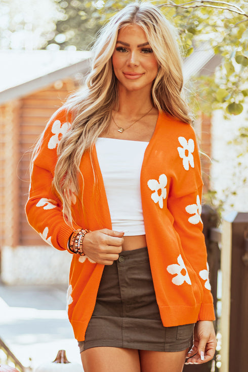 Relaxed Floral Pattern Open Front Knit Cardigan