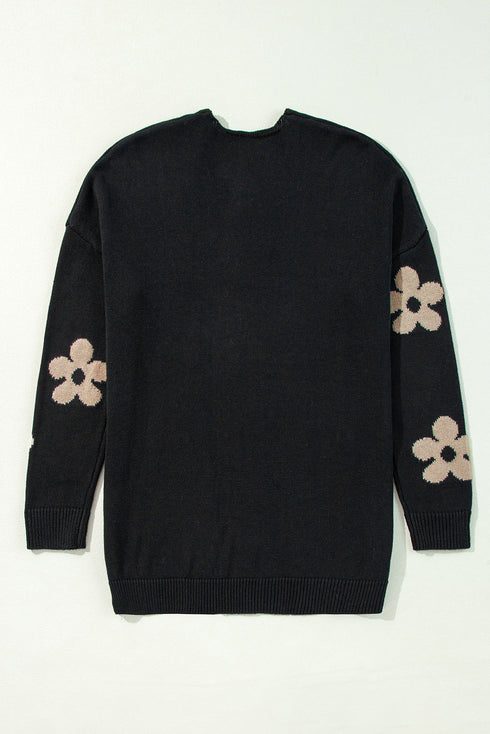 Relaxed Floral Pattern Open Front Knit Cardigan