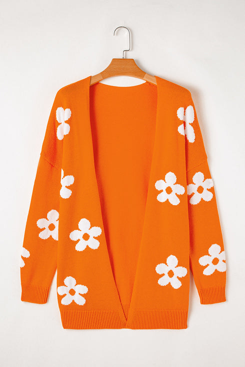 Relaxed Floral Pattern Open Front Knit Cardigan