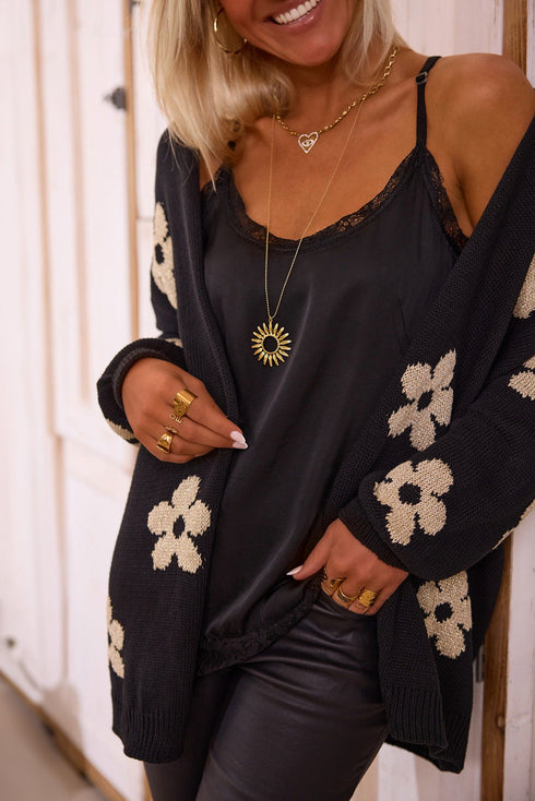 Relaxed Floral Pattern Open Front Knit Cardigan