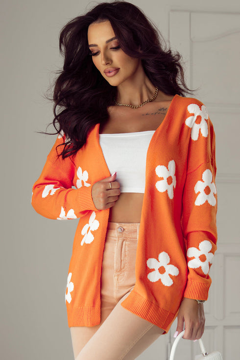 Relaxed Floral Pattern Open Front Knit Cardigan