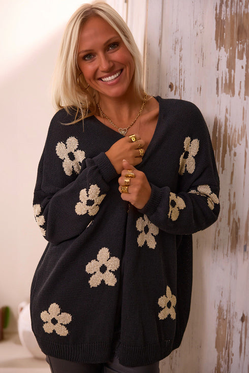 Relaxed Floral Pattern Open Front Knit Cardigan