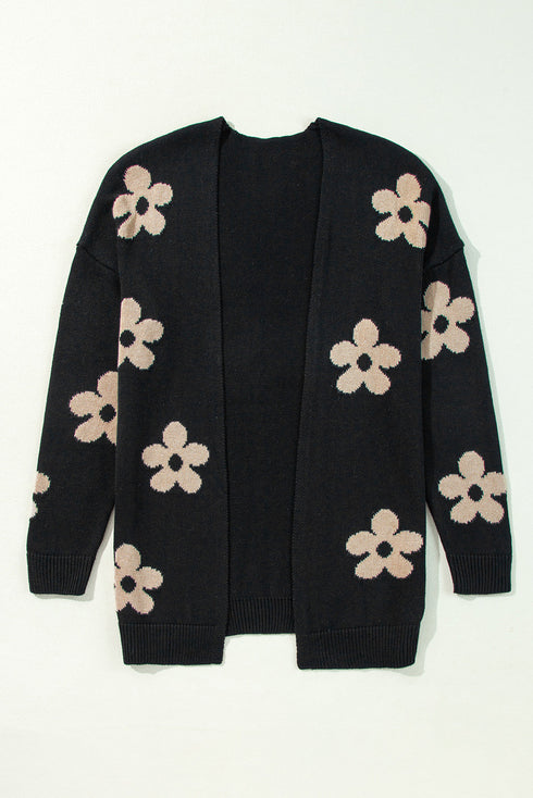 Relaxed Floral Pattern Open Front Knit Cardigan