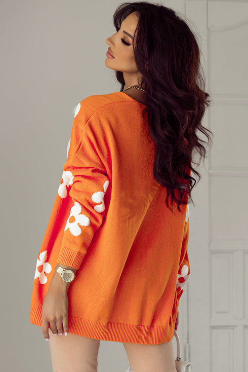 Relaxed Floral Pattern Open Front Knit Cardigan