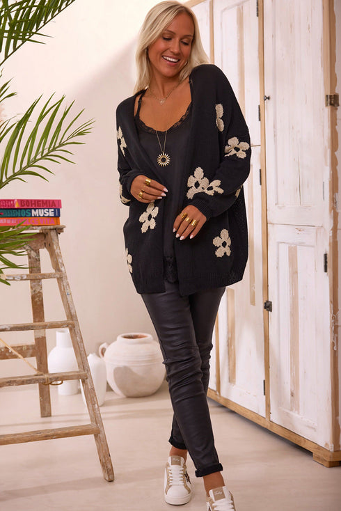Relaxed Floral Pattern Open Front Knit Cardigan