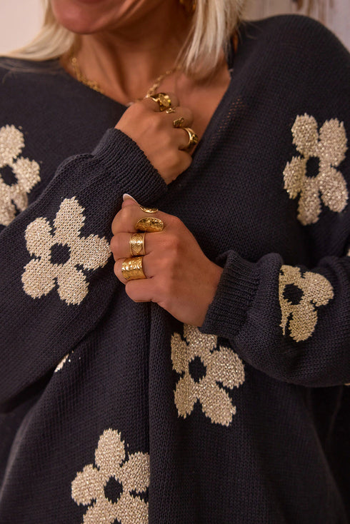 Relaxed Floral Pattern Open Front Knit Cardigan
