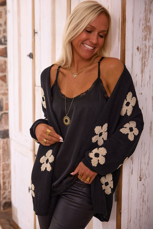 Relaxed Floral Pattern Open Front Knit Cardigan