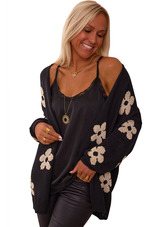 Relaxed Floral Pattern Open Front Knit Cardigan