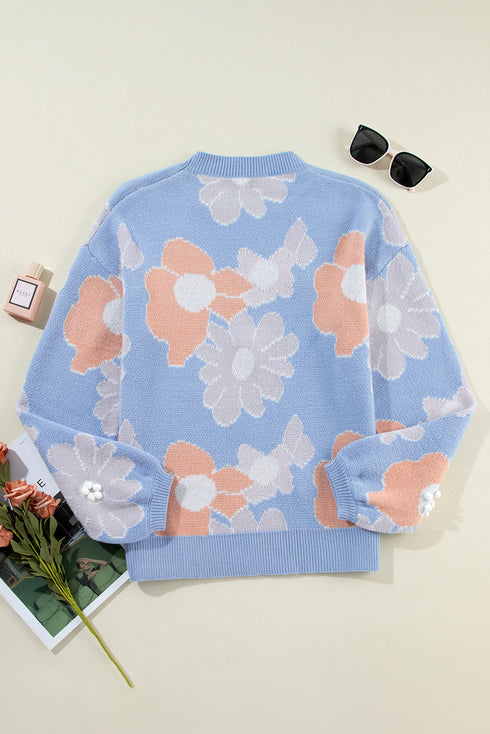 Relaxed Floral Pattern Pom Pom Pullover Sweater