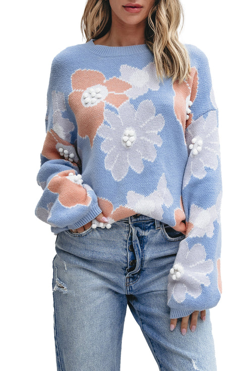 Relaxed Floral Pattern Pom Pom Pullover Sweater